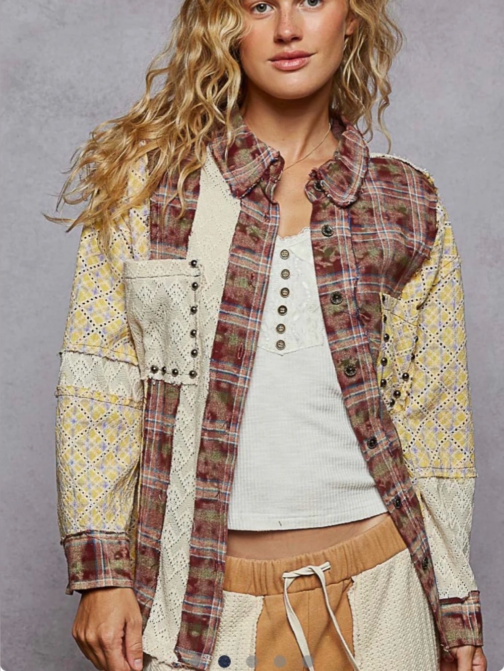 POL Red Brick Mixed Print Oversized Button Down Shirt - Picture 2 of 5